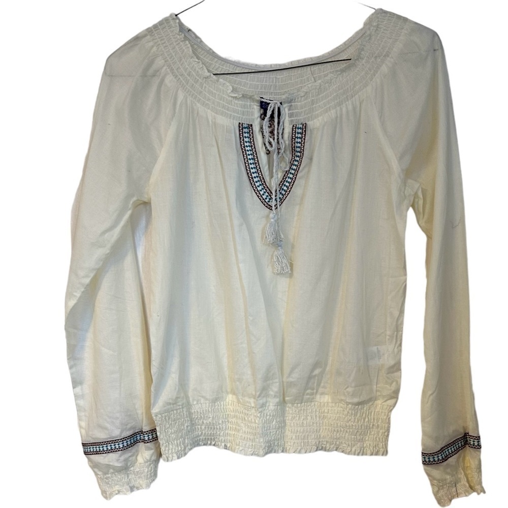 Miley Cyrus Sheer Blouse Blouson Embroidered V-neck Tie Size L